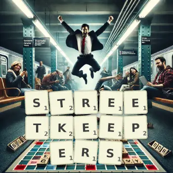 Creative illustration for a Scrabble game with the word STREETKEEPERS spelled out in tiles on the board.
