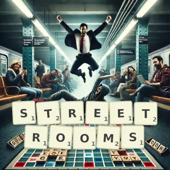 Creative illustration for a Scrabble game with the word STREETROOMS spelled out in tiles on the board.