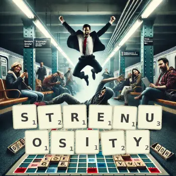 Creative illustration for a Scrabble game with the word STRENUOSITY spelled out in tiles on the board.