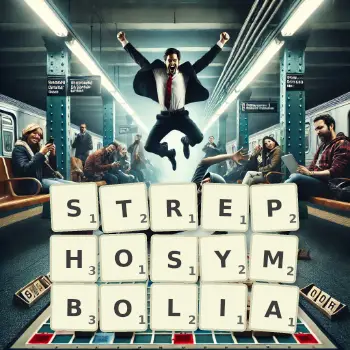 Creative illustration for a Scrabble game with the word STREPHOSYMBOLIA spelled out in tiles on the board.