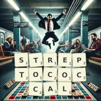 Creative illustration for a Scrabble game with the word STREPTOCOCCAL spelled out in tiles on the board.