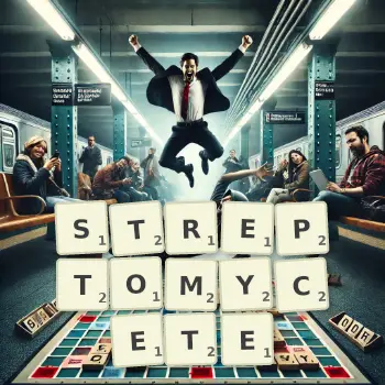 Creative illustration for a Scrabble game with the word STREPTOMYCETE spelled out in tiles on the board.