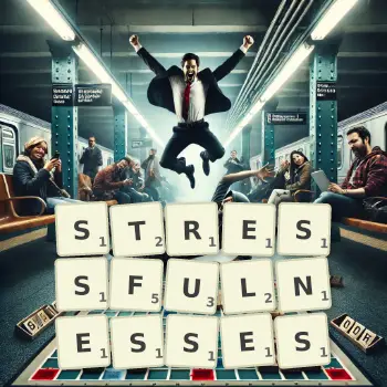 Creative illustration for a Scrabble game with the word STRESSFULNESSES spelled out in tiles on the board.