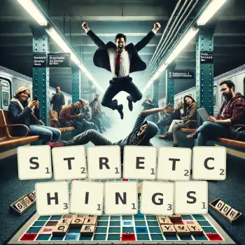 Creative illustration for a Scrabble game with the word STRETCHINGS spelled out in tiles on the board.