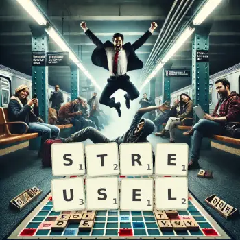 Creative illustration for a Scrabble game with the word STREUSEL spelled out in tiles on the board.