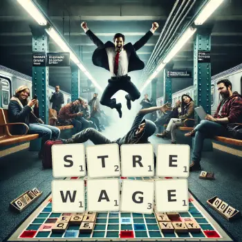 Creative illustration for a Scrabble game with the word STREWAGE spelled out in tiles on the board.