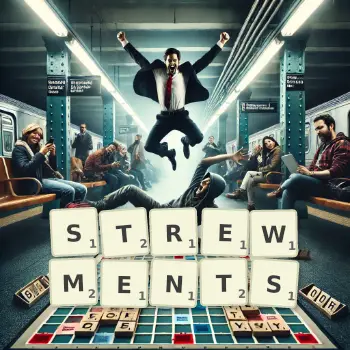 Creative illustration for a Scrabble game with the word STREWMENTS spelled out in tiles on the board.