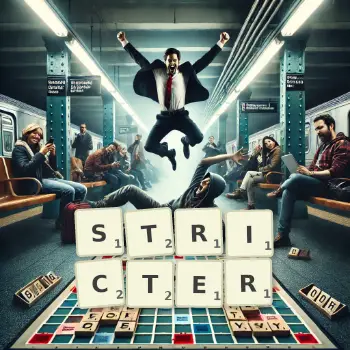 Creative illustration for a Scrabble game with the word STRICTER spelled out in tiles on the board.