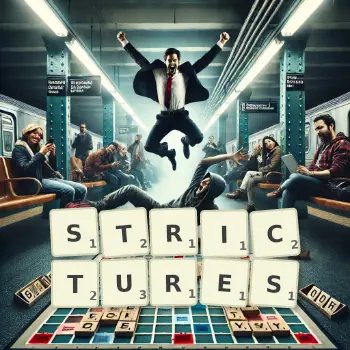Creative illustration for a Scrabble game with the word STRICTURES spelled out in tiles on the board.