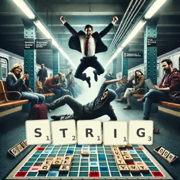 Creative illustration for a Scrabble game with the word STRIG spelled out in tiles on the board.