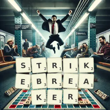 Creative illustration for a Scrabble game with the word STRIKEBREAKER spelled out in tiles on the board.