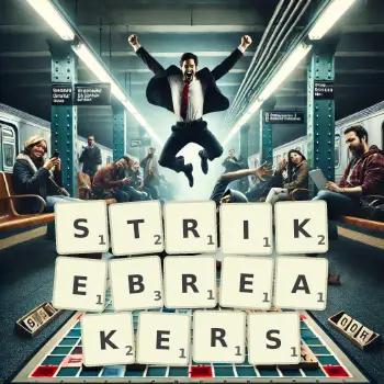 Creative illustration for a Scrabble game with the word STRIKEBREAKERS spelled out in tiles on the board.