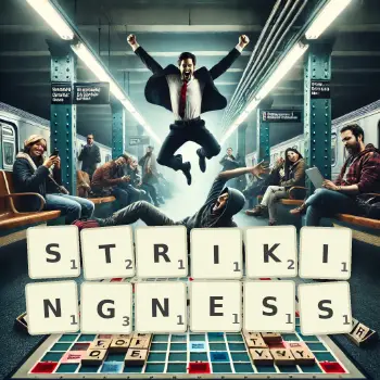 Creative illustration for a Scrabble game with the word STRIKINGNESS spelled out in tiles on the board.