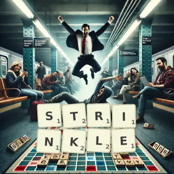 Creative illustration for a Scrabble game with the word STRINKLE spelled out in tiles on the board.