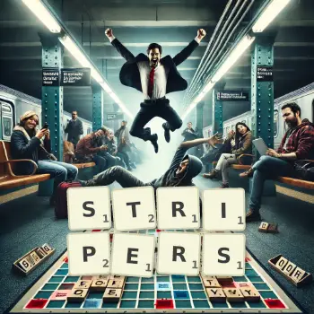 Creative illustration for a Scrabble game with the word STRIPERS spelled out in tiles on the board.