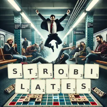 Creative illustration for a Scrabble game with the word STROBILATES spelled out in tiles on the board.