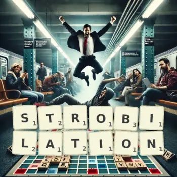 Creative illustration for a Scrabble game with the word STROBILATION spelled out in tiles on the board.