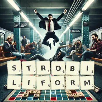 Creative illustration for a Scrabble game with the word STROBILIFORM spelled out in tiles on the board.