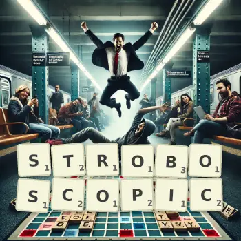 Creative illustration for a Scrabble game with the word STROBOSCOPIC spelled out in tiles on the board.