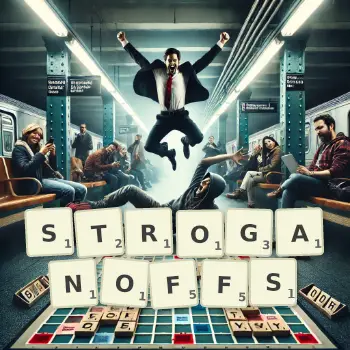 Creative illustration for a Scrabble game with the word STROGANOFFS spelled out in tiles on the board.