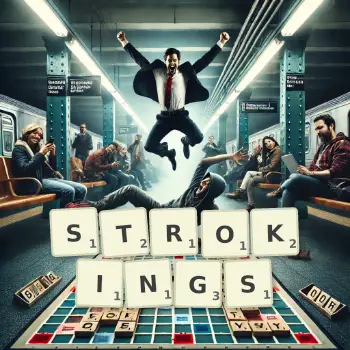 Creative illustration for a Scrabble game with the word STROKINGS spelled out in tiles on the board.