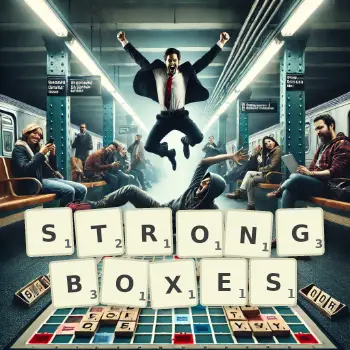 Creative illustration for a Scrabble game with the word STRONGBOXES spelled out in tiles on the board.