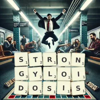 Creative illustration for a Scrabble game with the word STRONGYLOIDOSIS spelled out in tiles on the board.