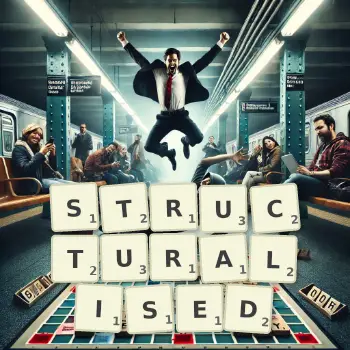 Creative illustration for a Scrabble game with the word STRUCTURALISED spelled out in tiles on the board.