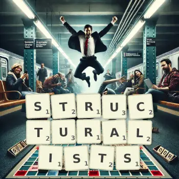 Creative illustration for a Scrabble game with the word STRUCTURALISTS spelled out in tiles on the board.