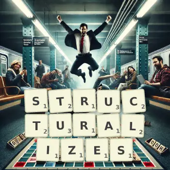 Creative illustration for a Scrabble game with the word STRUCTURALIZES spelled out in tiles on the board.