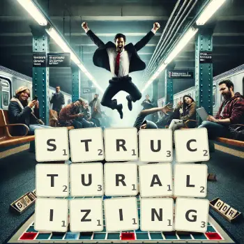 Creative illustration for a Scrabble game with the word STRUCTURALIZING spelled out in tiles on the board.