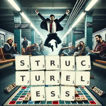 Creative illustration for a Scrabble game with the word STRUCTURELESS spelled out in tiles on the board.
