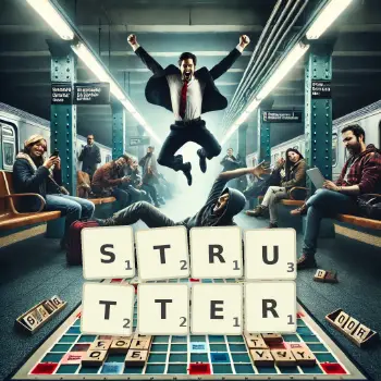 Creative illustration for a Scrabble game with the word STRUTTER spelled out in tiles on the board.
