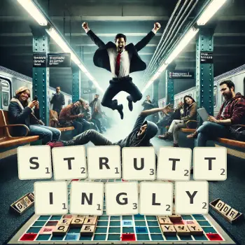 Creative illustration for a Scrabble game with the word STRUTTINGLY spelled out in tiles on the board.