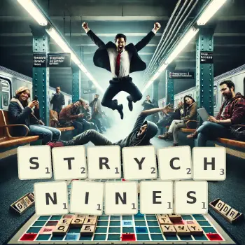 Creative illustration for a Scrabble game with the word STRYCHNINES spelled out in tiles on the board.