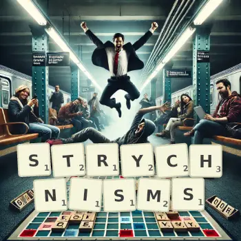Creative illustration for a Scrabble game with the word STRYCHNISMS spelled out in tiles on the board.