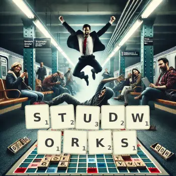 Creative illustration for a Scrabble game with the word STUDWORKS spelled out in tiles on the board.
