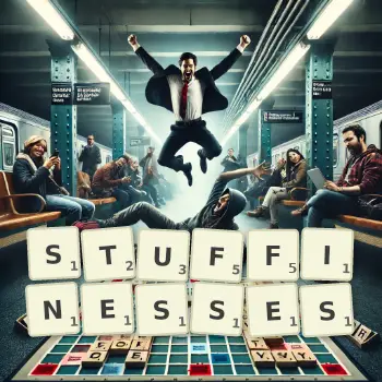 Creative illustration for a Scrabble game with the word STUFFINESSES spelled out in tiles on the board.