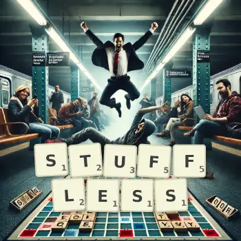 Creative illustration for a Scrabble game with the word STUFFLESS spelled out in tiles on the board.