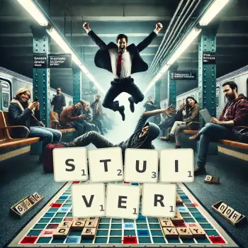 Creative illustration for a Scrabble game with the word STUIVER spelled out in tiles on the board.