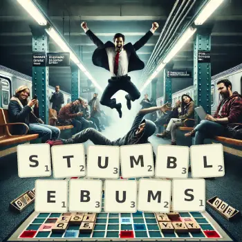 Creative illustration for a Scrabble game with the word STUMBLEBUMS spelled out in tiles on the board.