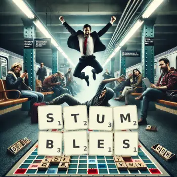 Creative illustration for a Scrabble game with the word STUMBLES spelled out in tiles on the board.