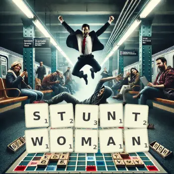 Creative illustration for a Scrabble game with the word STUNTWOMAN spelled out in tiles on the board.