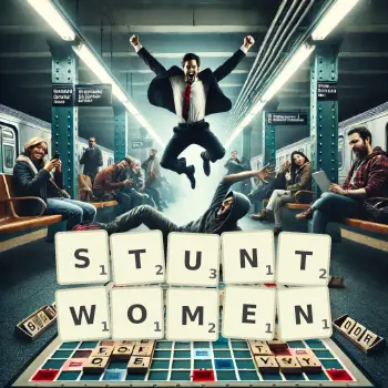 Creative illustration for a Scrabble game with the word STUNTWOMEN spelled out in tiles on the board.