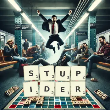 Creative illustration for a Scrabble game with the word STUPIDER spelled out in tiles on the board.