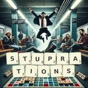 Creative illustration for a Scrabble game with the word STUPRATIONS spelled out in tiles on the board.