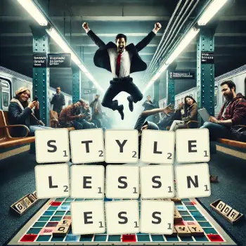 Creative illustration for a Scrabble game with the word STYLELESSNESS spelled out in tiles on the board.