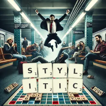 Creative illustration for a Scrabble game with the word STYLITIC spelled out in tiles on the board.