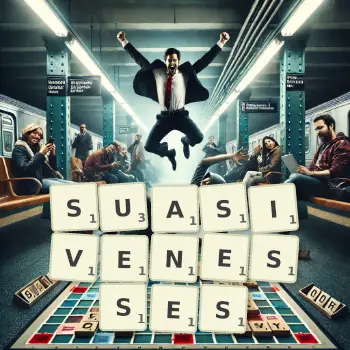Creative illustration for a Scrabble game with the word SUASIVENESSES spelled out in tiles on the board.