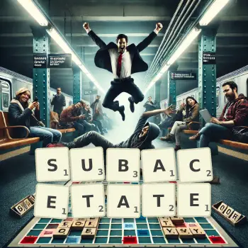 Creative illustration for a Scrabble game with the word SUBACETATE spelled out in tiles on the board.